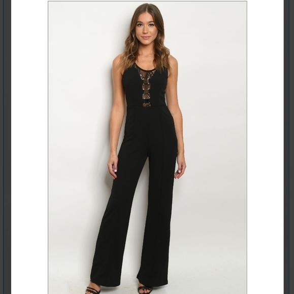 Private Label Pants - NWT Black Lace-Up Front Wide Leg Jumpsuit Boutique Sleeveless Evening Party